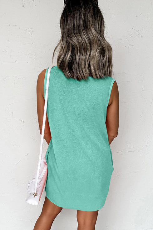 Mineral Wash Sleeveless Crew Neck Casual Tank Mini Dress With Pockets