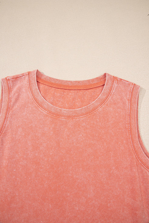 Mineral Wash Sleeveless Crew Neck Casual Tank Mini Dress With Pockets