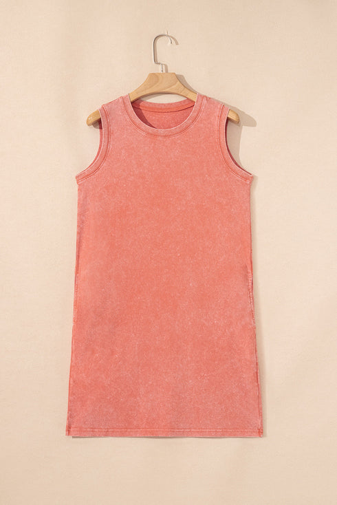 Mineral Wash Sleeveless Crew Neck Casual Tank Mini Dress With Pockets
