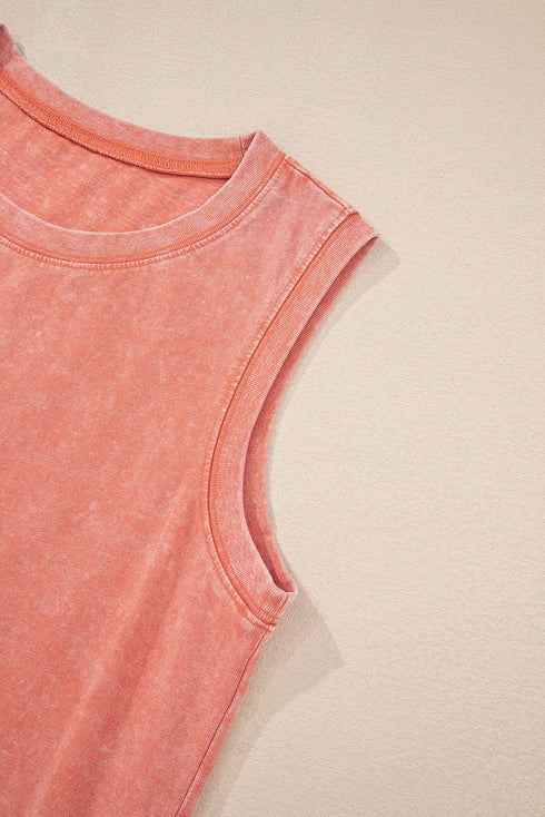 Mineral Wash Sleeveless Crew Neck Casual Tank Mini Dress With Pockets