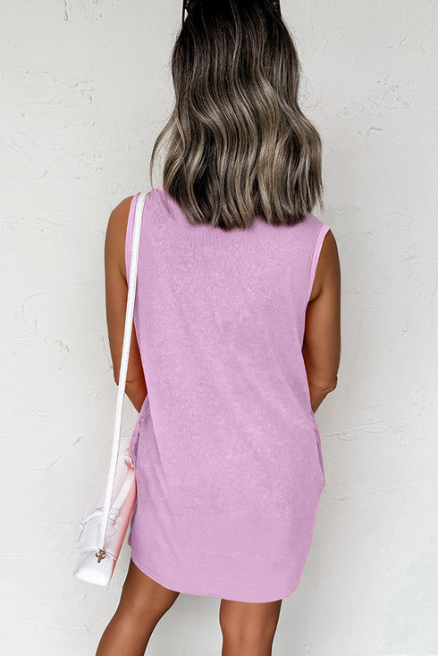 Mineral Wash Sleeveless Crew Neck Casual Tank Mini Dress With Pockets