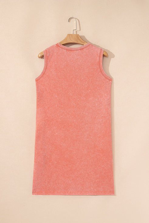 Mineral Wash Sleeveless Crew Neck Casual Tank Mini Dress With Pockets