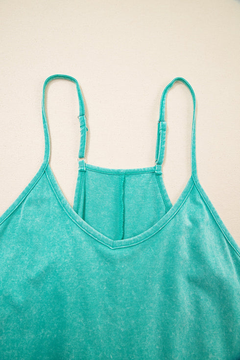 Mineral Wash Spaghetti Strap Cotton Pocketed Romper