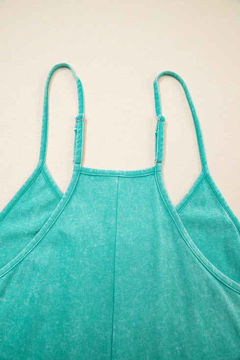 Mineral Wash Spaghetti Strap Cotton Pocketed Romper