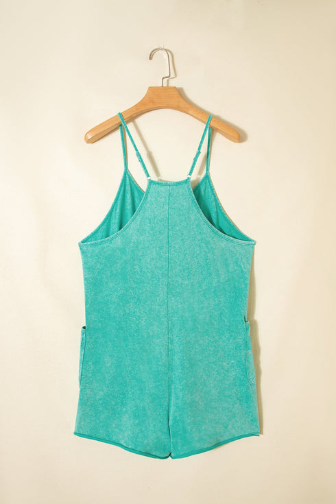 Mineral Wash Spaghetti Strap Cotton Pocketed Romper