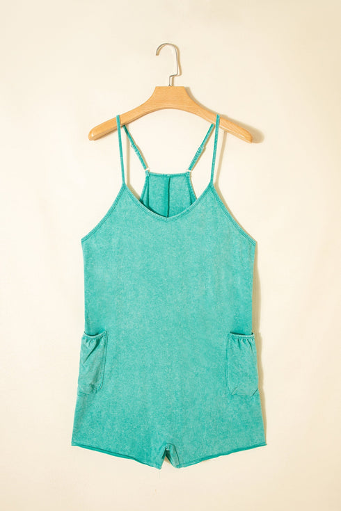 Mineral Wash Spaghetti Strap Cotton Pocketed Romper