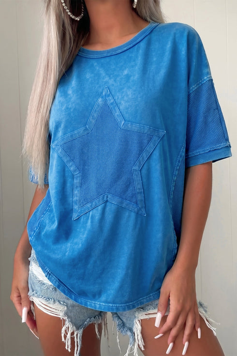Mineral Wash Star Print Mesh Patchwork Tee