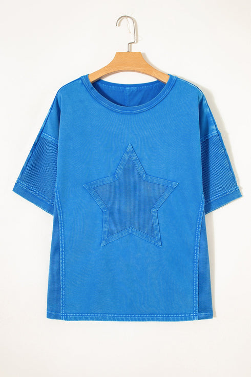 Mineral Wash Star Print Mesh Patchwork Tee