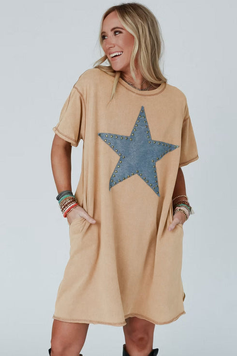 Mineral Wash Stud Beaded Star Graphic Pocketed T Shirt Dress