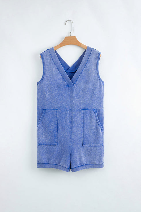 Mineral Wash V Neck Sleeveless Pocketed Loose Romper