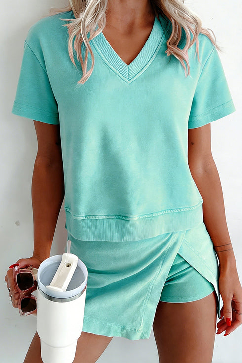 Mineral Wash V Neck Tee And Matching Skort Set