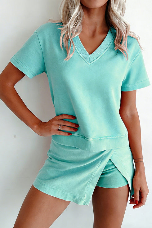 Mineral Wash V Neck Tee And Matching Skort Set