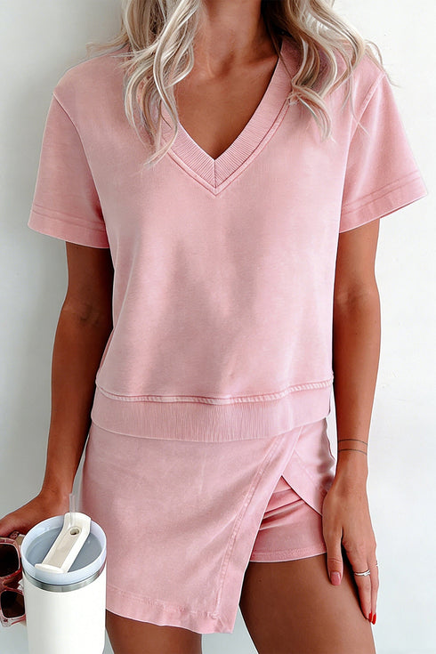 Mineral Wash V Neck Tee And Matching Skort Set