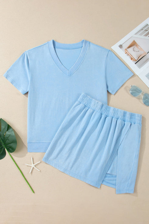 Mineral Wash V Neck Tee And Matching Skort Set