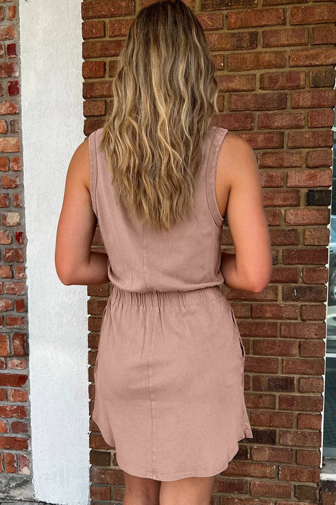 Mineral Wash Western Sleeveless U Neck Elastic Waist Mini Dress