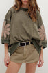 Mineral Washed Raw Seam Patchwork Floral Three Quarter Sleeve Top