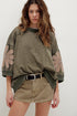 Mineral Washed Raw Seam Patchwork Floral Three Quarter Sleeve Top