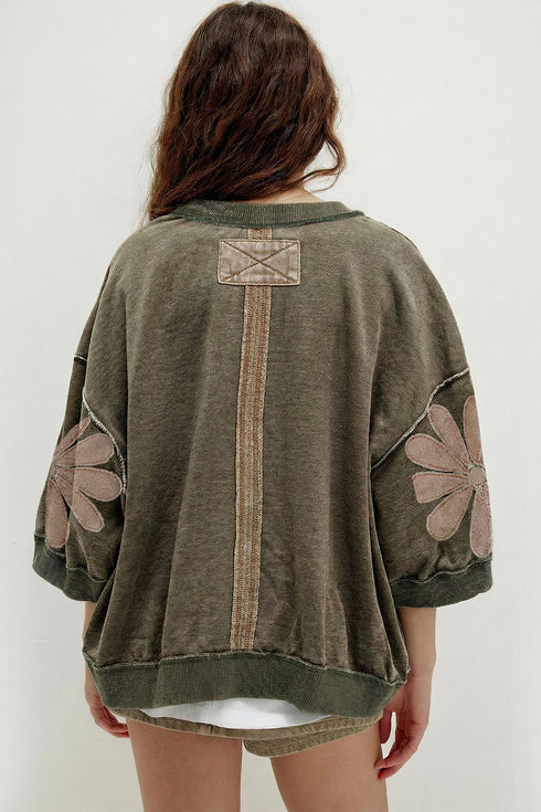 Mineral Washed Raw Seam Patchwork Floral Three Quarter Sleeve Top
