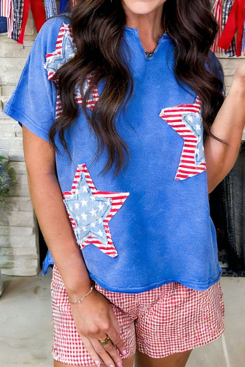 Mineral Washed Star Patchwork Notched Neck Tee