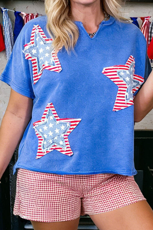 Mineral Washed Star Patchwork Notched Neck Tee