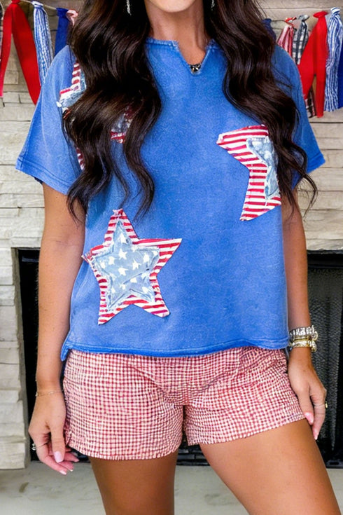Mineral Washed Star Patchwork Notched Neck Tee