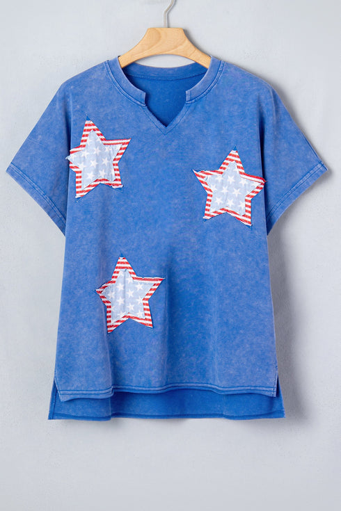 Mineral Washed Star Patchwork Notched Neck Tee