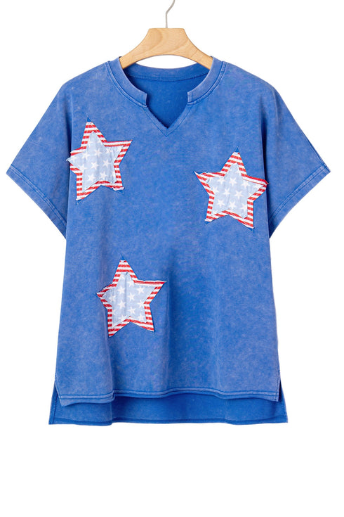 Mineral Washed Star Patchwork Notched Neck Tee