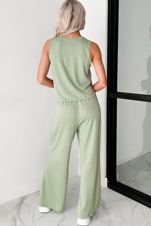 Minimalist Chic Sleeveless Crew Neck Ribbed Wide Leg Lounge Pants Set