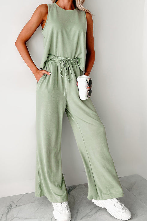 Minimalist Chic Sleeveless Crew Neck Ribbed Wide Leg Lounge Pants Set