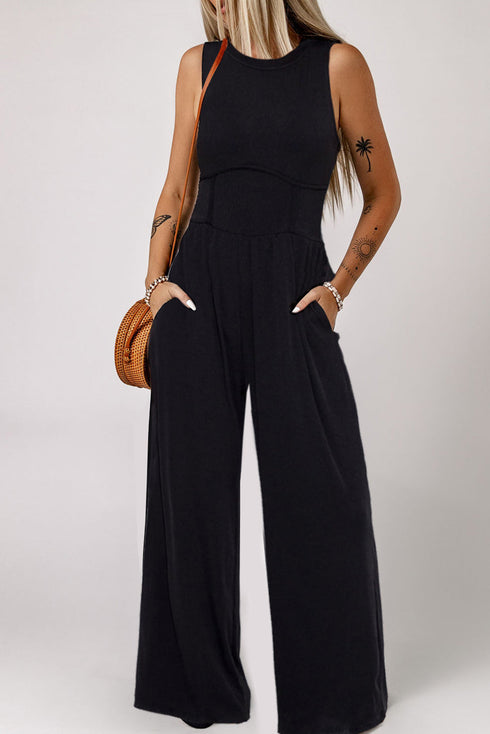Minimalist Sleeveless Cinched Waist Wide Leg Jumpsuit