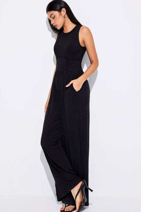 Minimalist Sleeveless Cinched Waist Wide Leg Jumpsuit