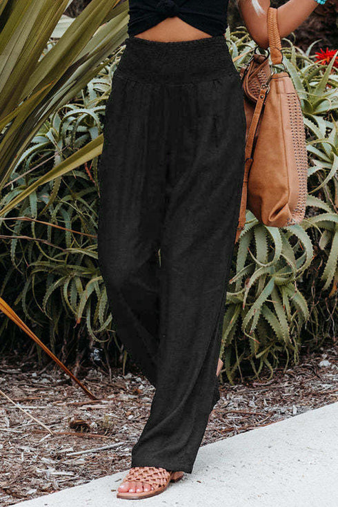 Minimalist Smocked High Waist Wide Leg Flowy Pants