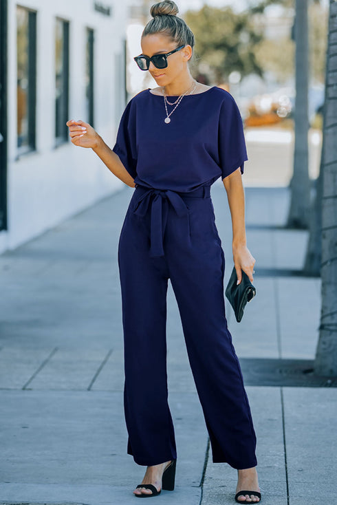 Minimalist Solid Belted Wide Leg Jumpsuit
