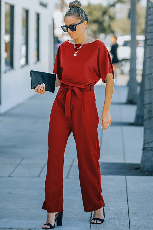 Minimalist Solid Belted Wide Leg Jumpsuit