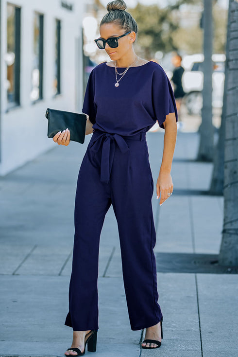 Minimalist Solid Belted Wide Leg Jumpsuit