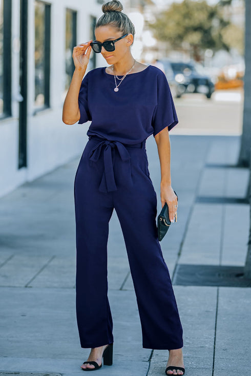 Minimalist Solid Belted Wide Leg Jumpsuit