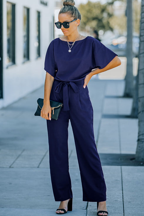Minimalist Solid Belted Wide Leg Jumpsuit