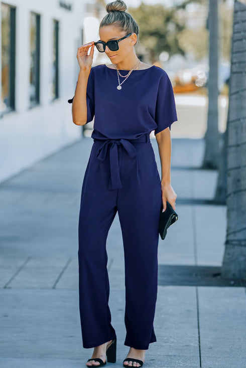 Minimalist Solid Belted Wide Leg Jumpsuit