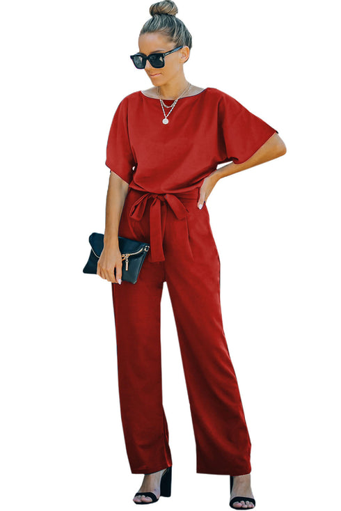 Minimalist Solid Belted Wide Leg Jumpsuit