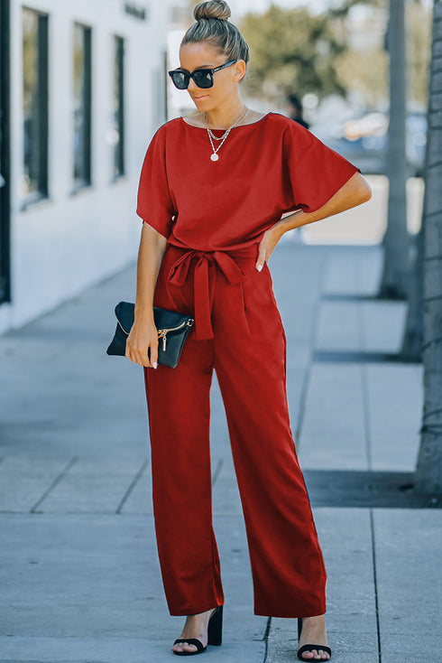 Minimalist Solid Belted Wide Leg Jumpsuit