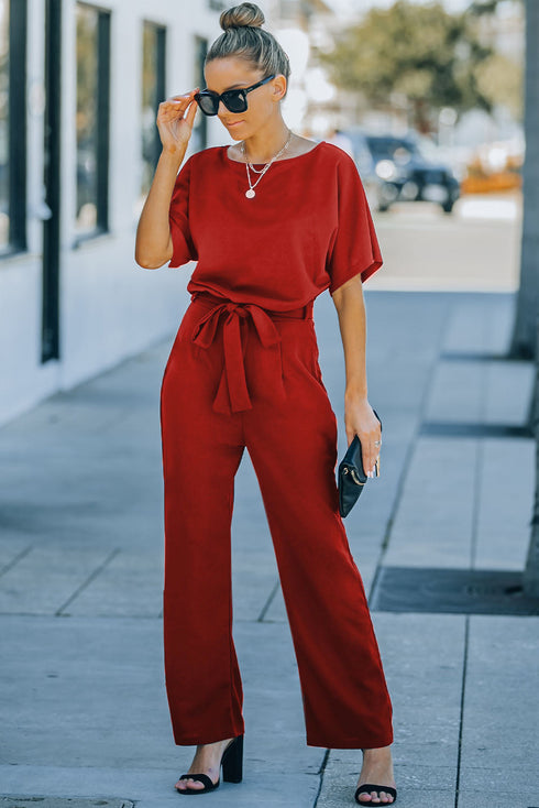 Minimalist Solid Belted Wide Leg Jumpsuit