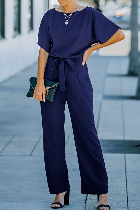 Minimalist Solid Belted Wide Leg Jumpsuit