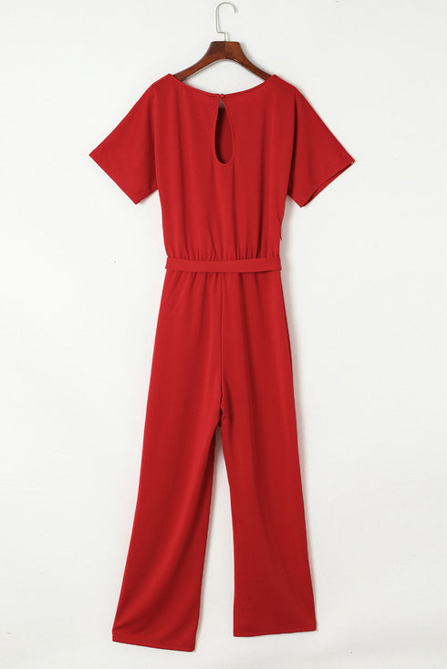 Minimalist Solid Belted Wide Leg Jumpsuit
