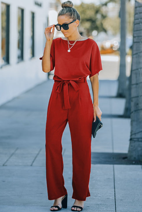 Minimalist Solid Belted Wide Leg Jumpsuit