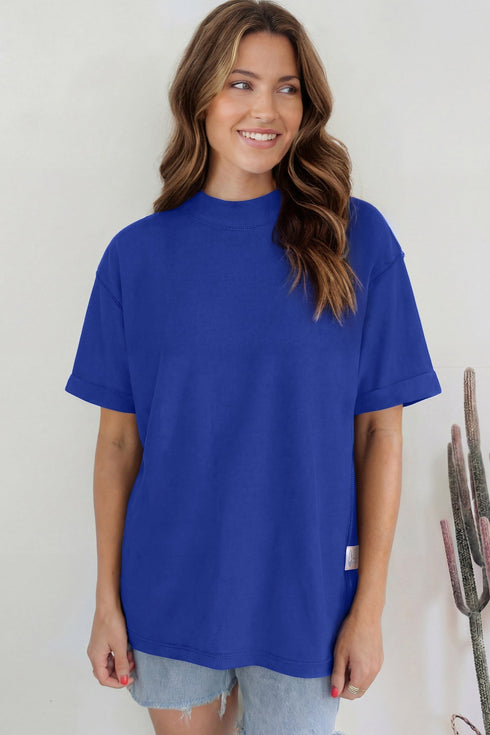 Minimalist Solid Mock Neck Cotton Stretch Tee