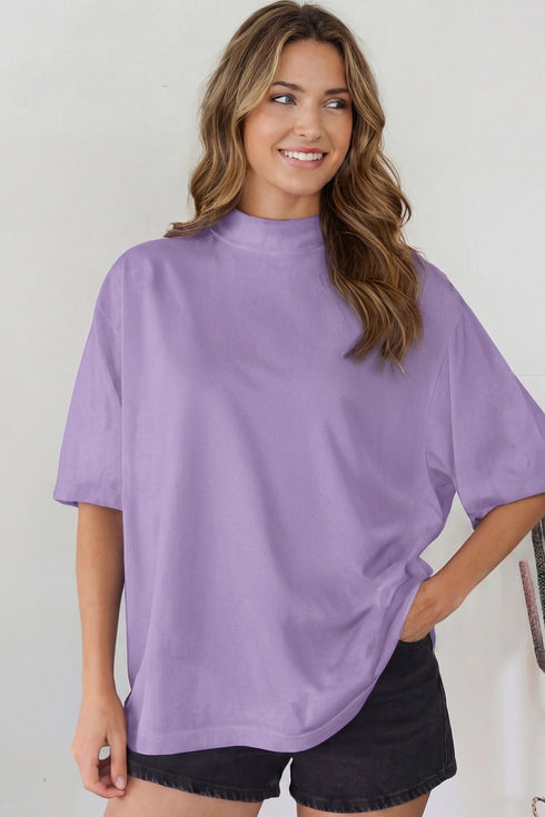 Minimalist Solid Mock Neck Cotton Stretch Tee