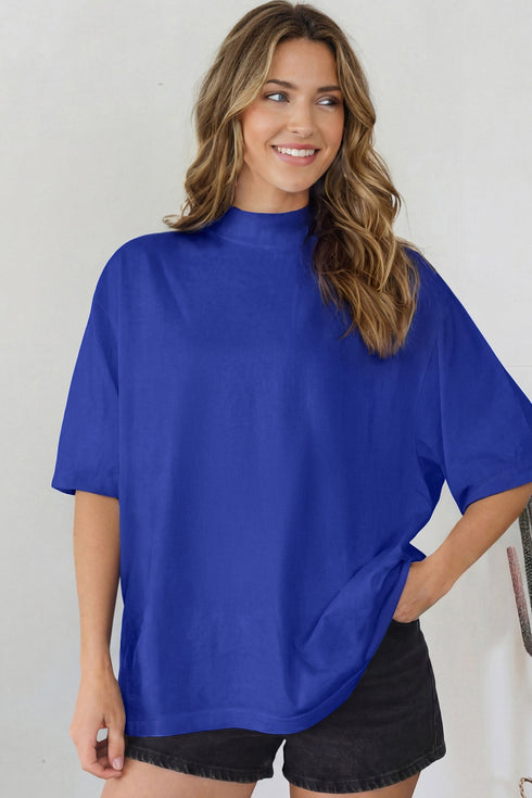 Minimalist Solid Mock Neck Cotton Stretch Tee