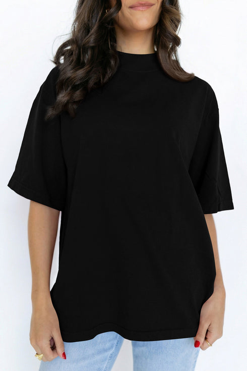 Minimalist Solid Mock Neck Cotton Stretch Tee