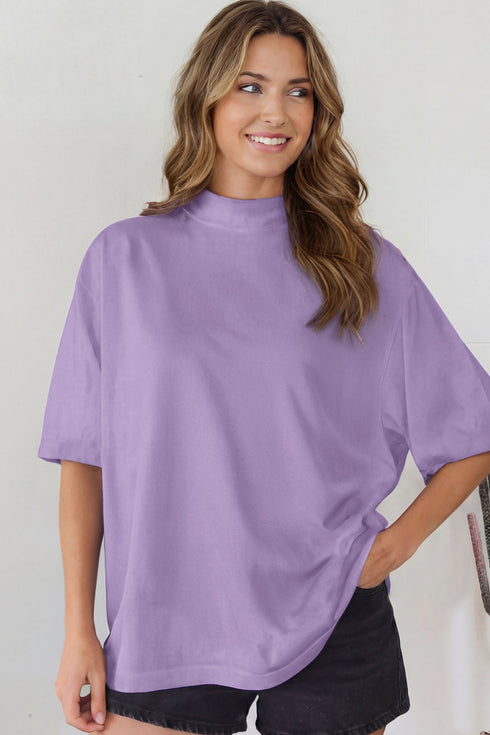 Minimalist Solid Mock Neck Cotton Stretch Tee