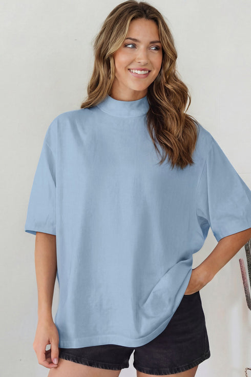 Minimalist Solid Mock Neck Cotton Stretch Tee